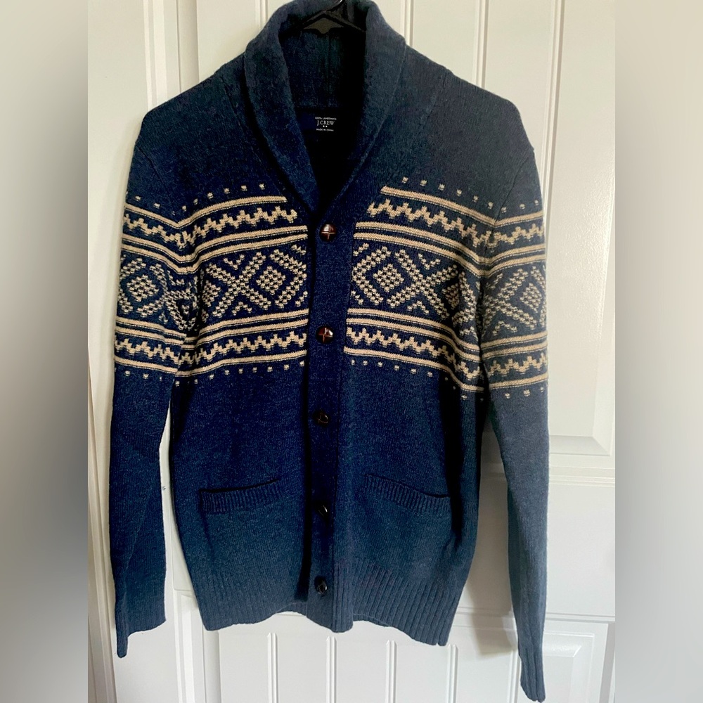 J. Crew Blue and Cream Cardigan Sweater with Nordic Pattern